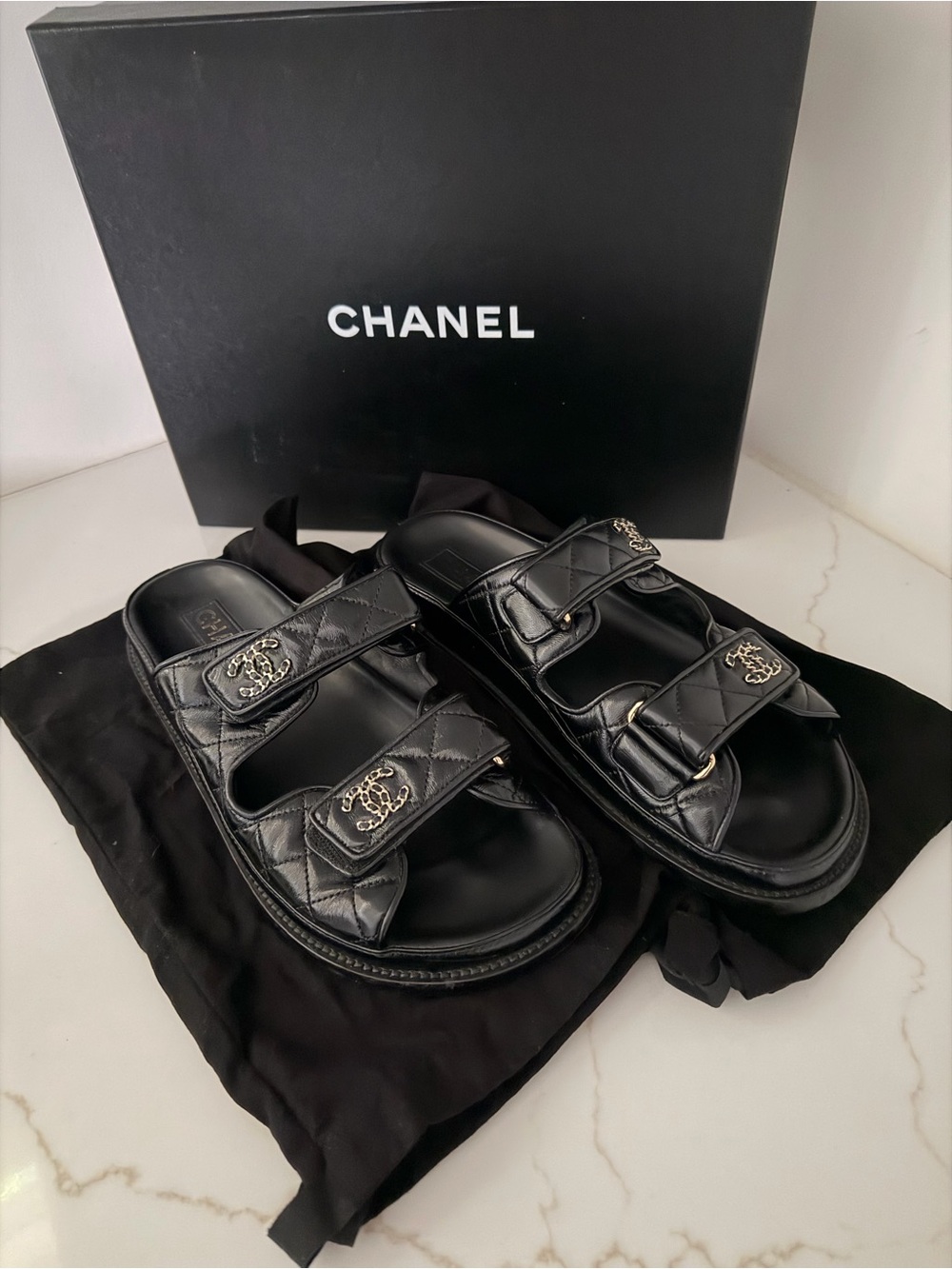 CHANEL Black Quilted Leather Double-Strap Slide Sandals